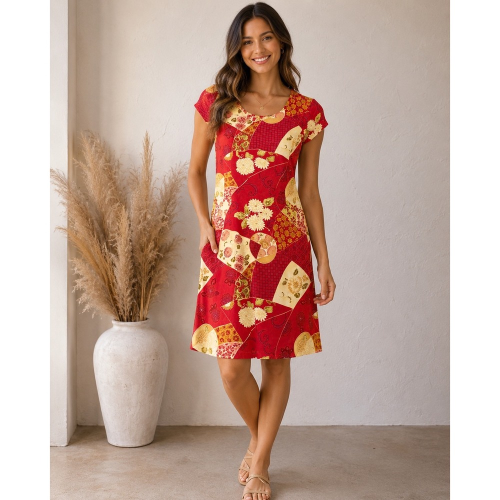 Valerie Dresses Red Pure Silk Patchwork Floral Fan Print Sheath Dress Size 12